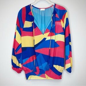 Ecru Multicolor Geometric Print 3/4 Sleeve Smocked Hem Tassel Blouse Small